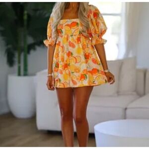 Romper Dress Orange‎ Citrus Print Puff Sleeve Smocked Mini Bright Unique Small